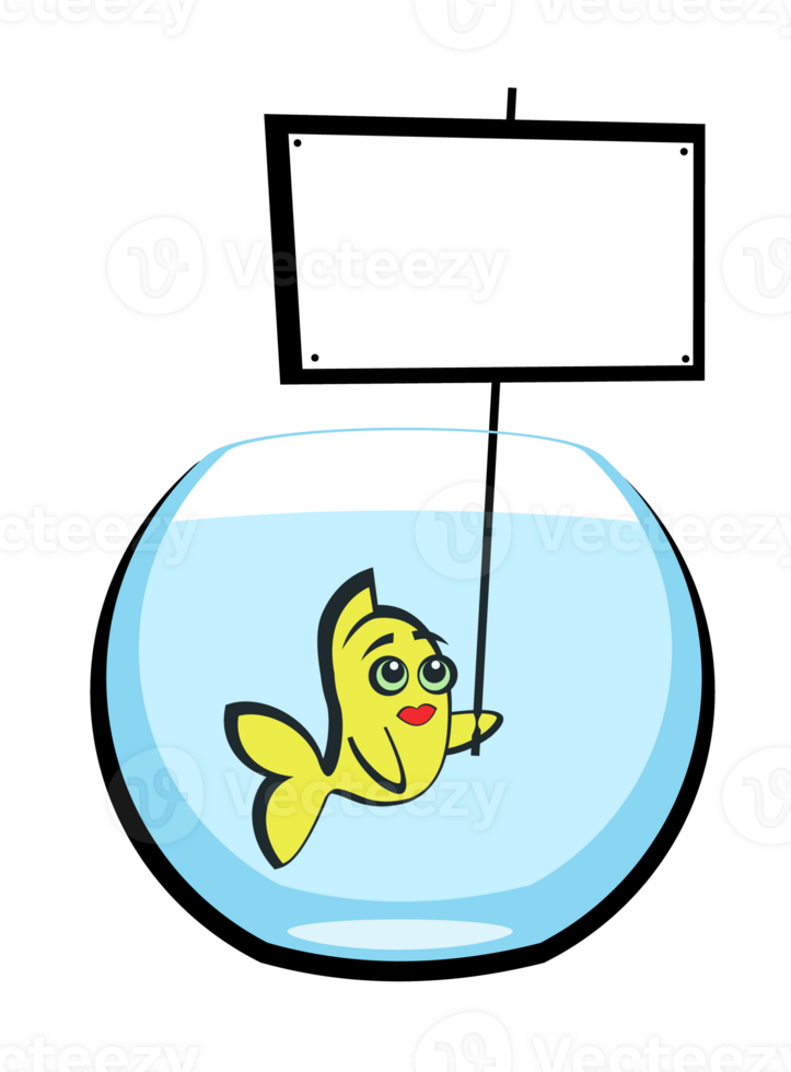 Goldfish holding a blank banner in a bowl of transparent water. png