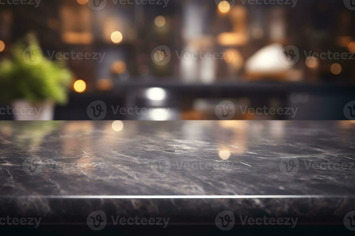 modern dark marble table on blurred kitchen bench background AI Generative photo