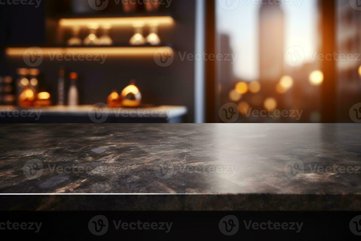 modern dark marble table on blurred kitchen bench background AI Generative photo