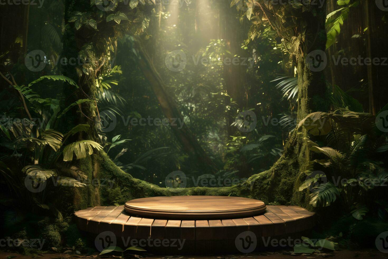 Wooden podium in tropical forest for product presentation AI Generative photo