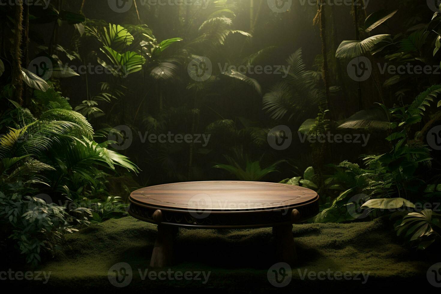 Wooden podium in tropical forest for product presentation AI Generative photo