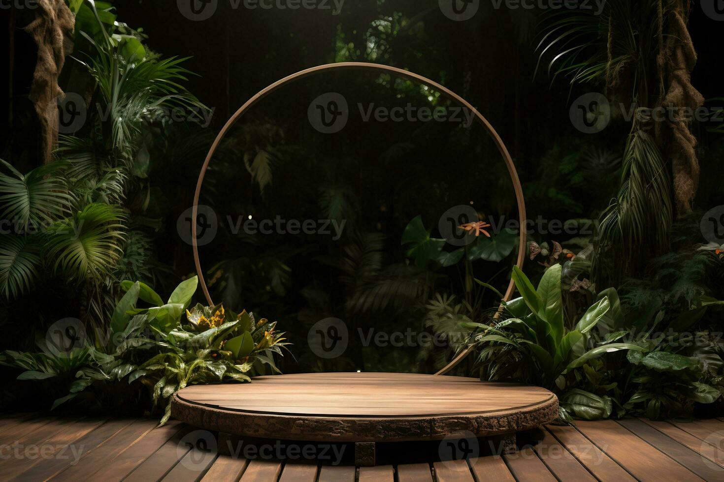 Wooden podium in tropical forest for product presentation AI Generative photo