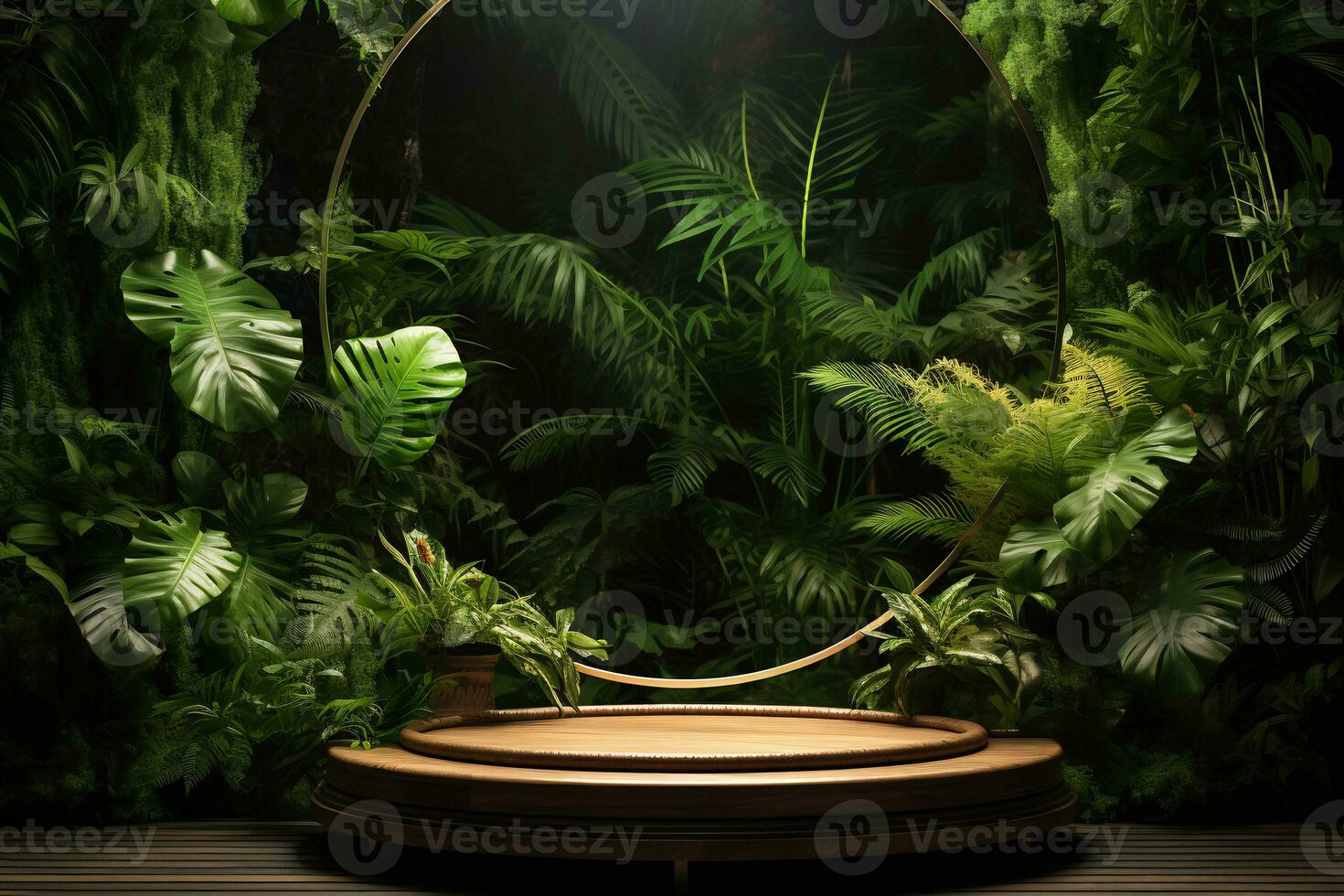 Wooden podium in tropical forest for product presentation AI Generative photo