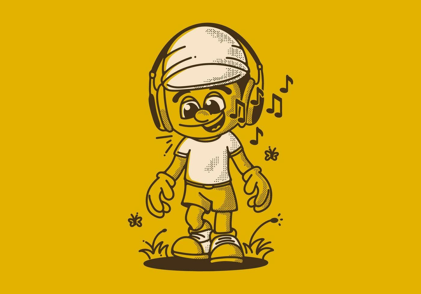 Walking and singing. Vintage illustration of a walking boy wearing headset vector