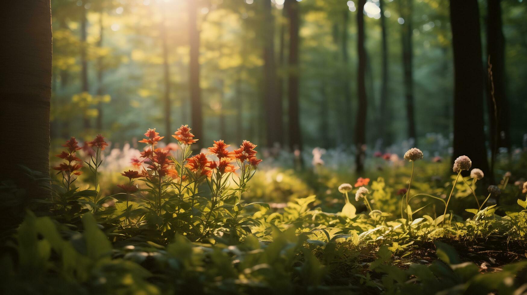 Various kinds of flowers grow in the depths of the natural forest AI Generative photo