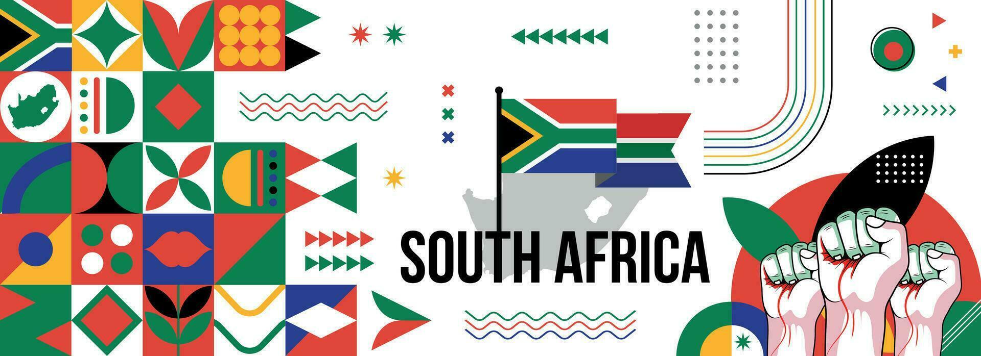 South Africa national or independence day banner for Country celebration. Flag and map of South Africa with raised fists. Modern retro design with typorgaphy abstract geometric icons vector