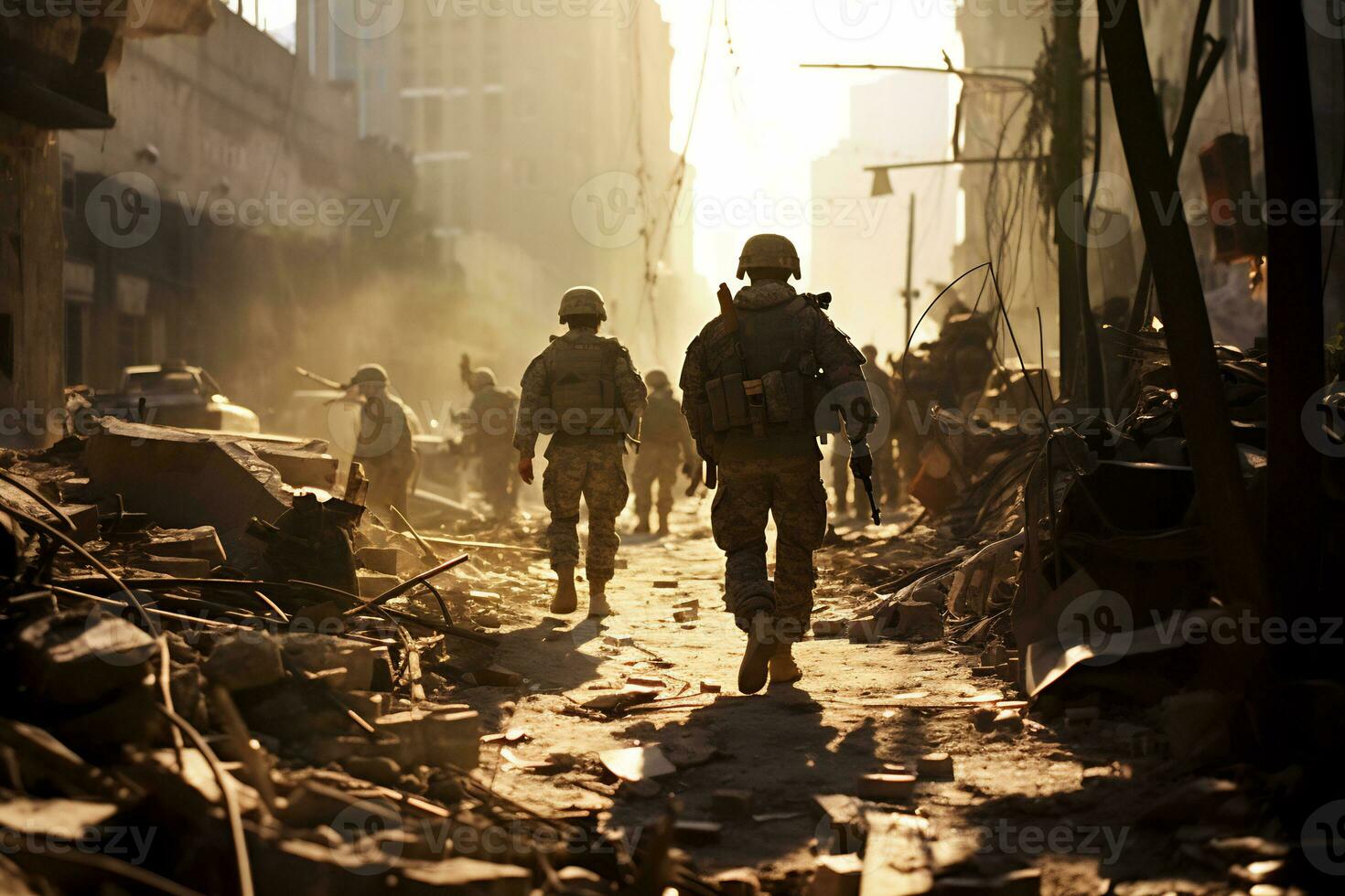 Soldiers walk through the ruins of a city caused by war AI Generative photo