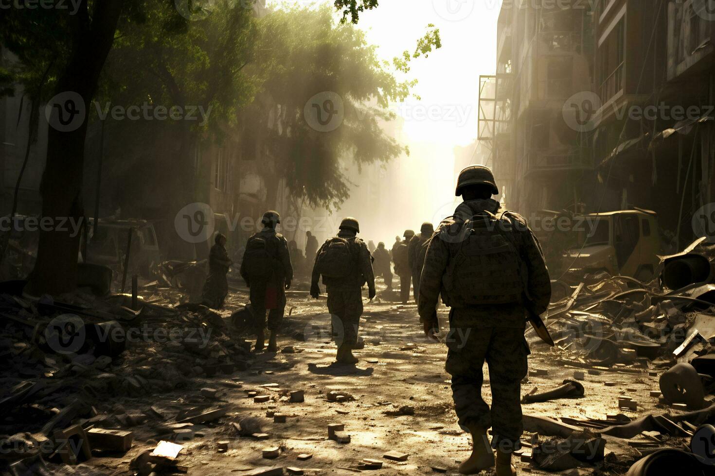 Soldiers walk through the ruins of a city caused by war AI Generative photo