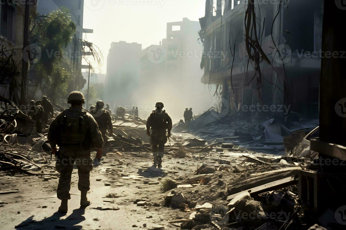 Soldiers walk through the ruins of a city caused by war AI Generative photo