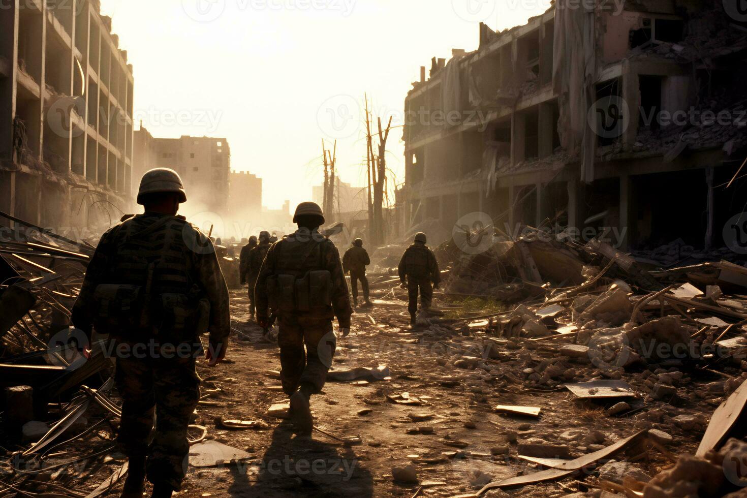 Soldiers walk through the ruins of a city caused by war AI Generative photo