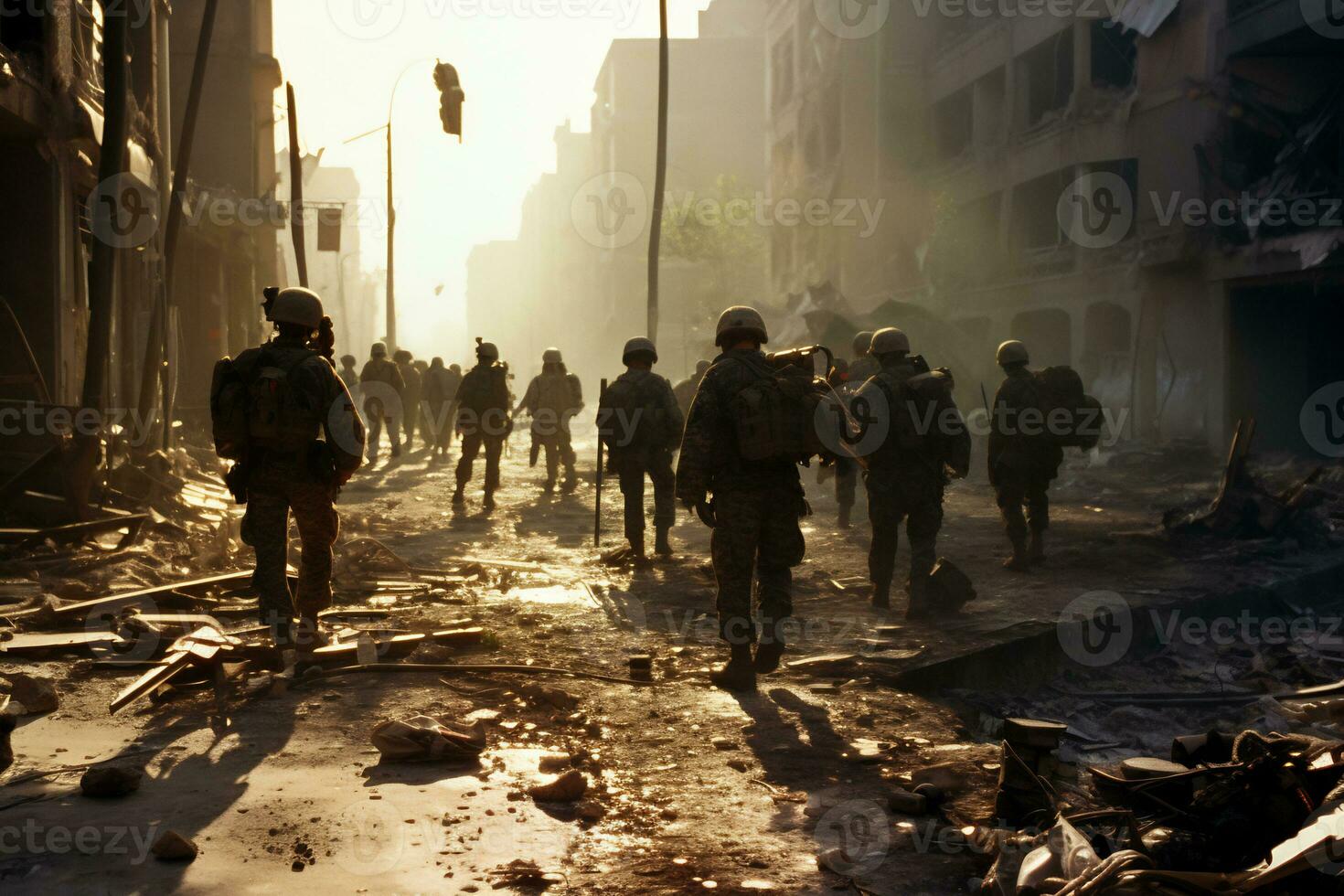 Soldiers walk through the ruins of a city caused by war AI Generative photo