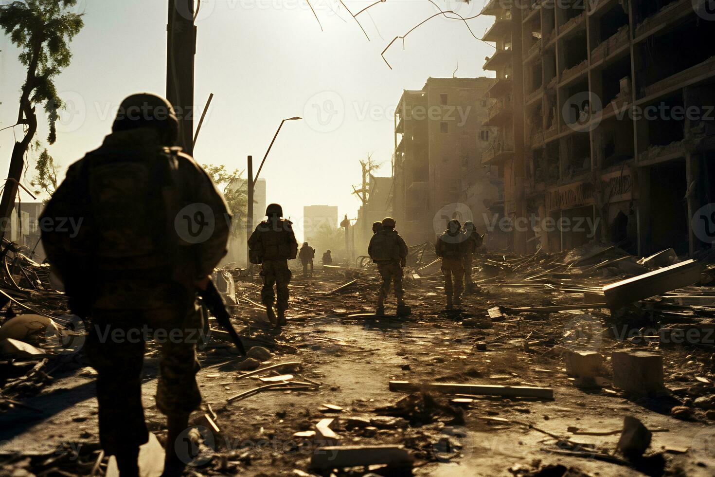 Soldiers walk through the ruins of a city caused by war AI Generative photo