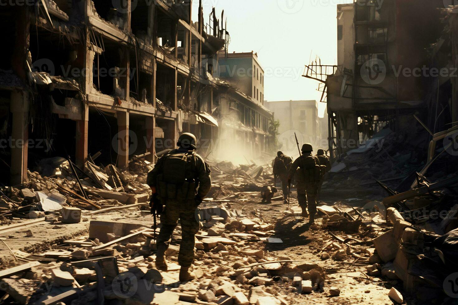 Soldiers walk through the ruins of a city caused by war AI Generative photo