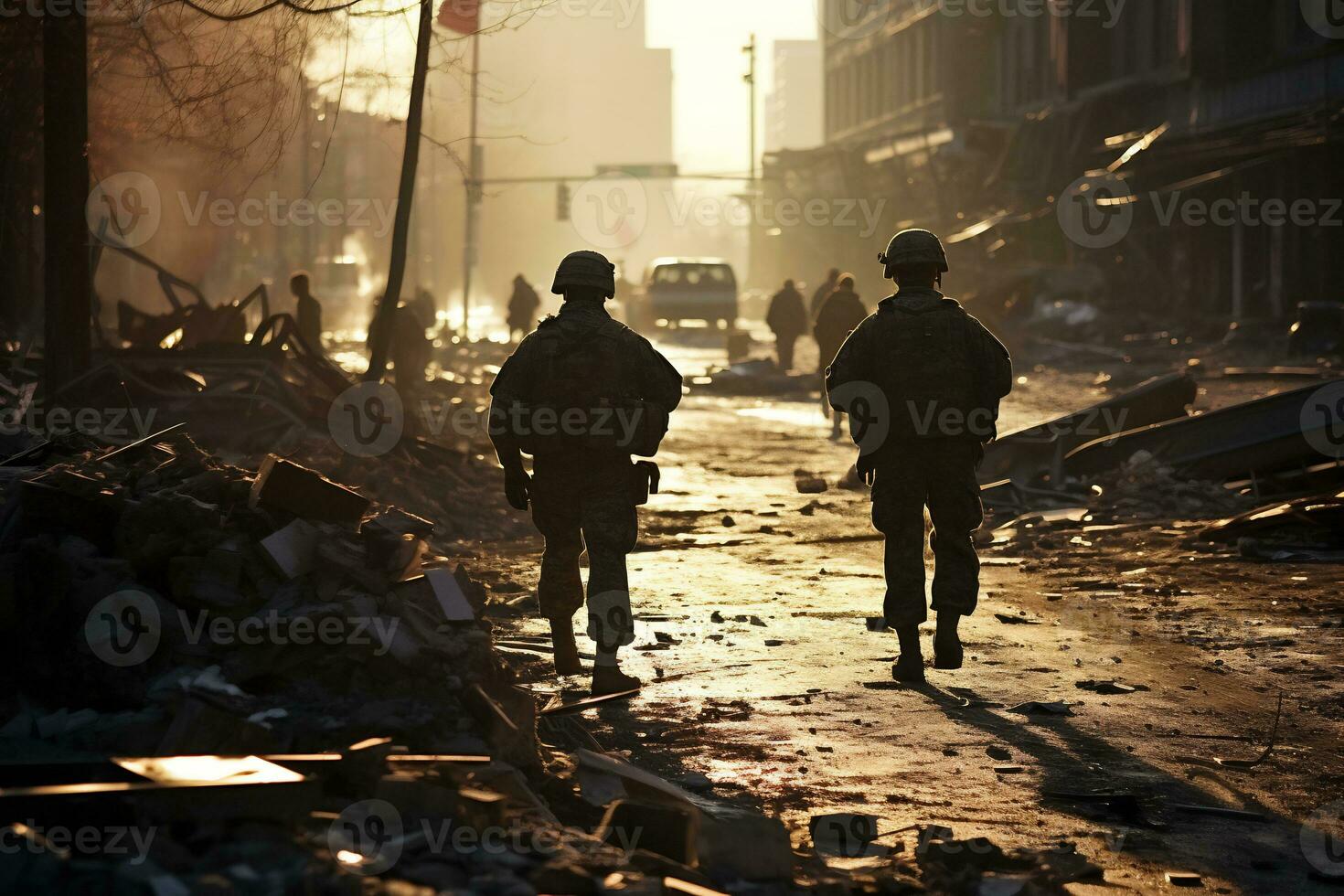 Soldiers walk through the ruins of a city caused by war AI Generative photo