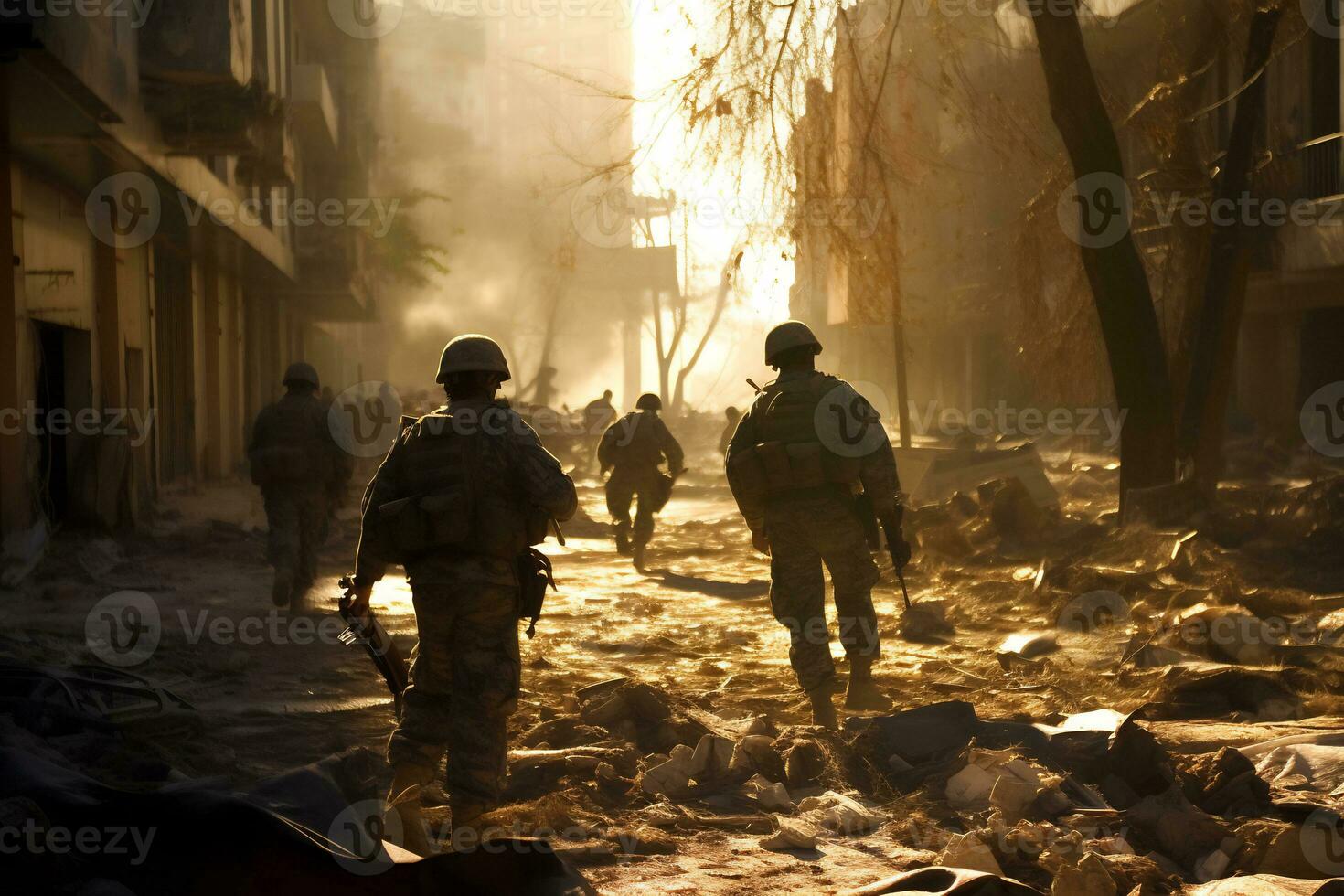 Soldiers walk through the ruins of a city caused by war AI Generative photo