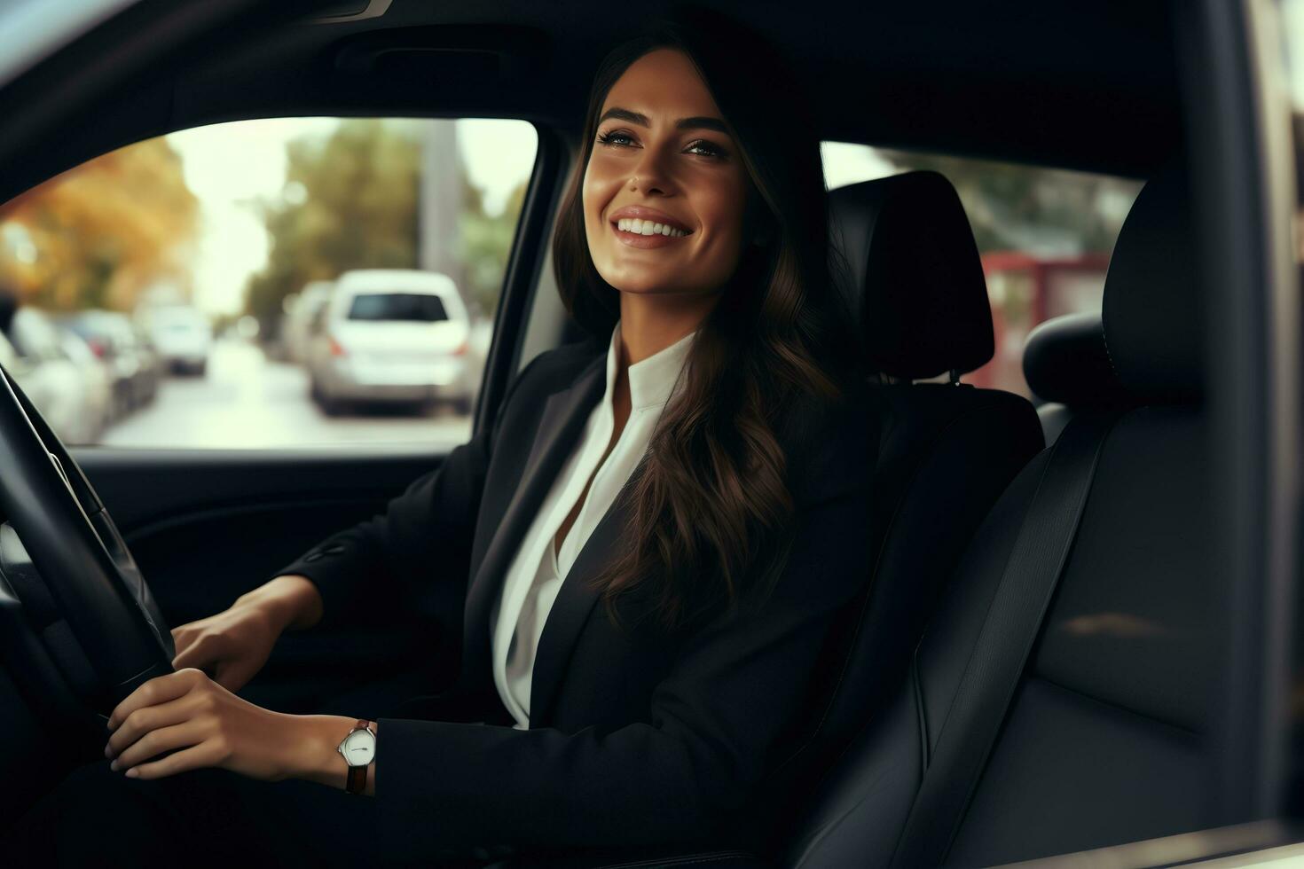 Beautiful young businesswoman driving a car.AI Generated photo