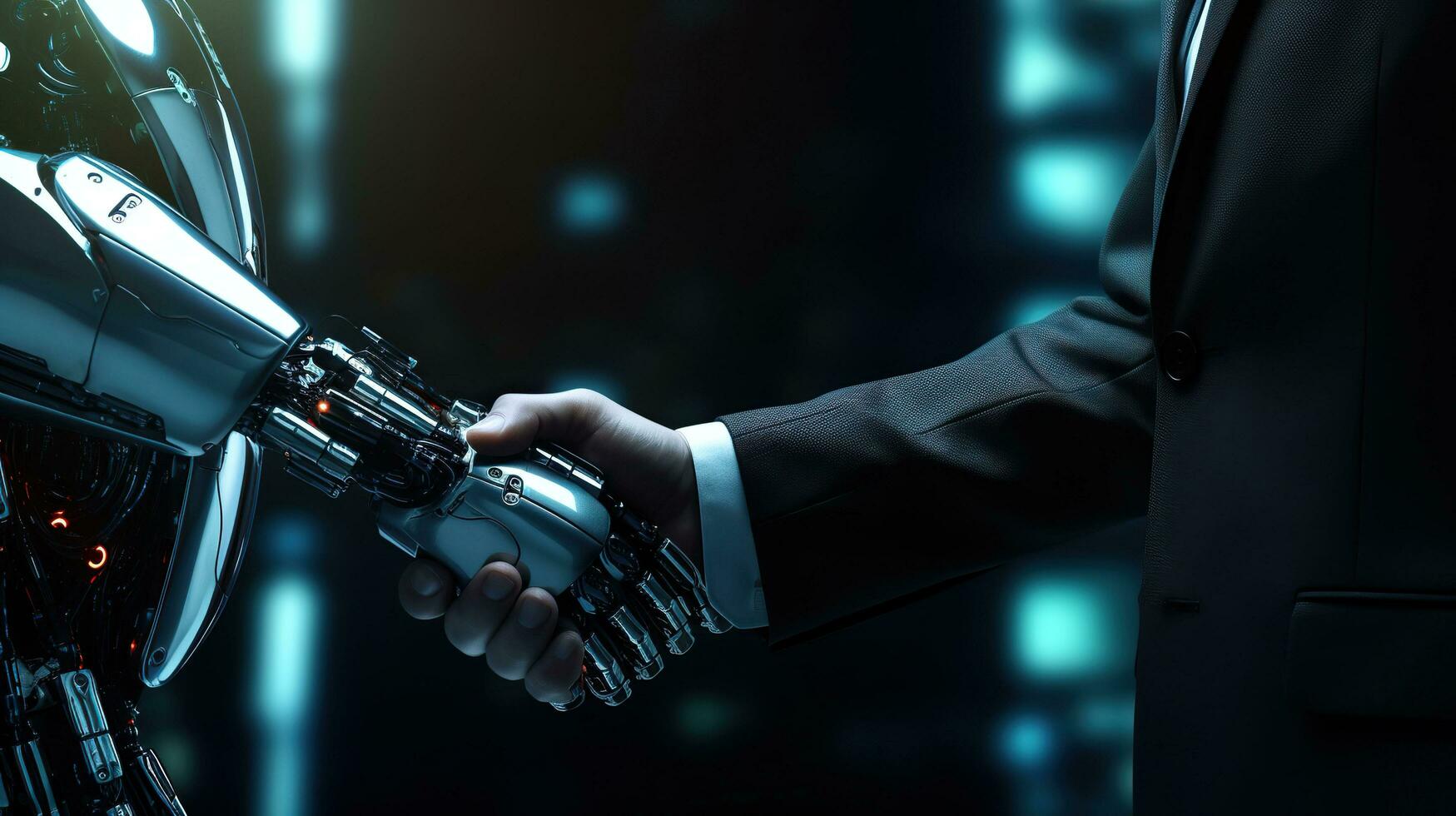Close up of businessman hand holding robot arm.AI Generated photo