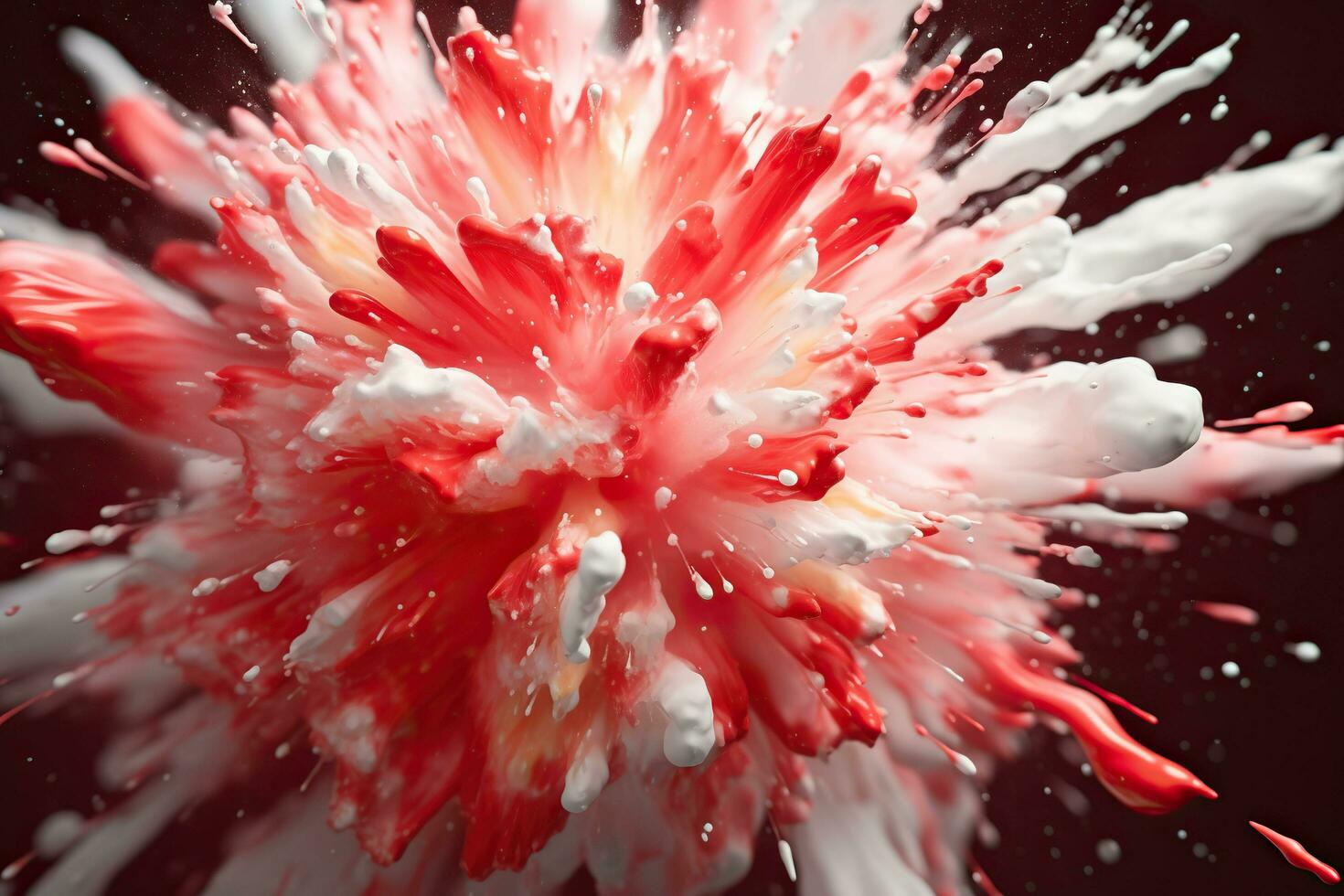 3D illustration of red and white paint splashes on a black background.AI Generated photo