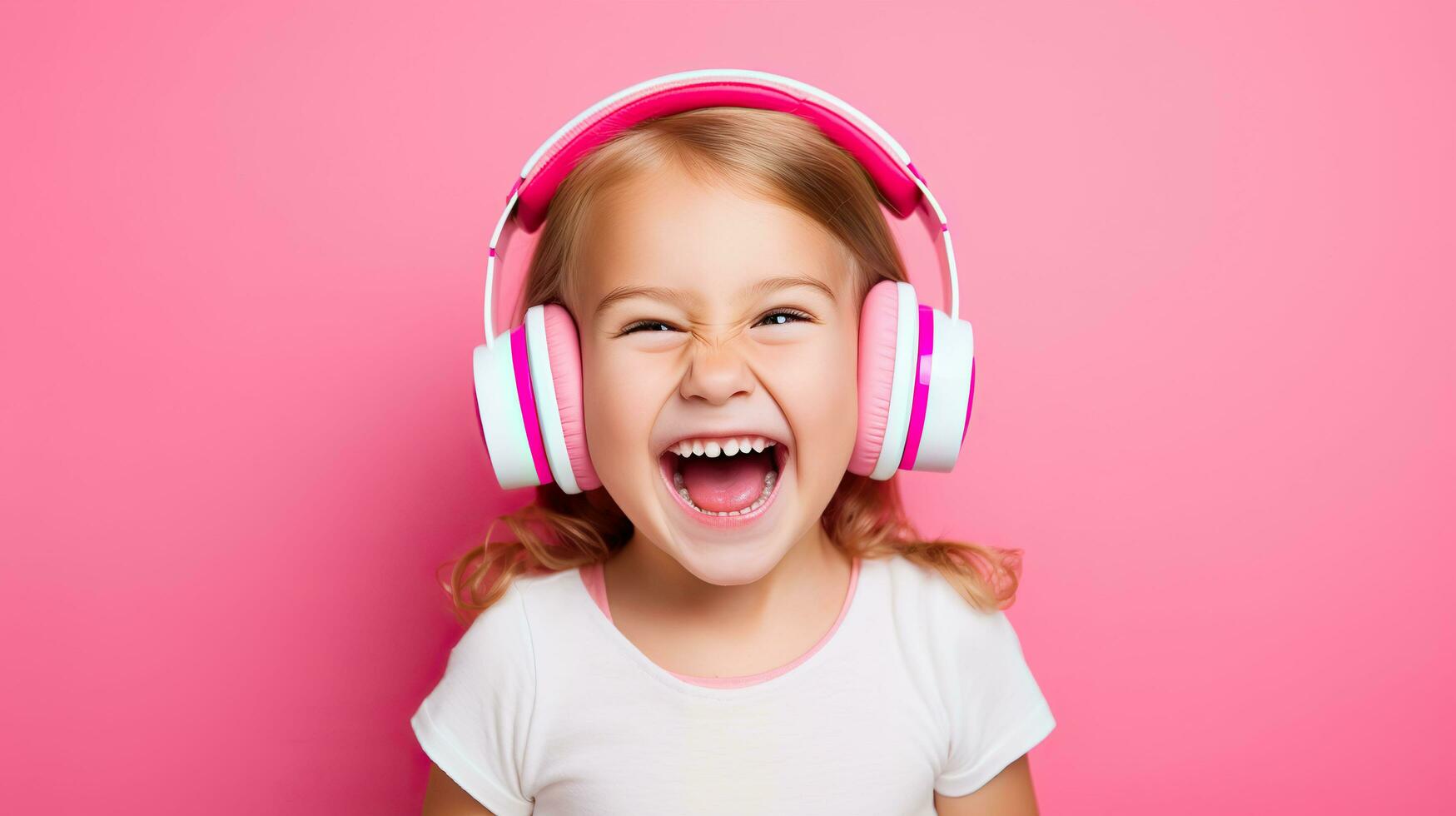 contento pequeño niña con auriculares en un rosado antecedentes. infancia, tecnología y humano concepto.ai generado foto