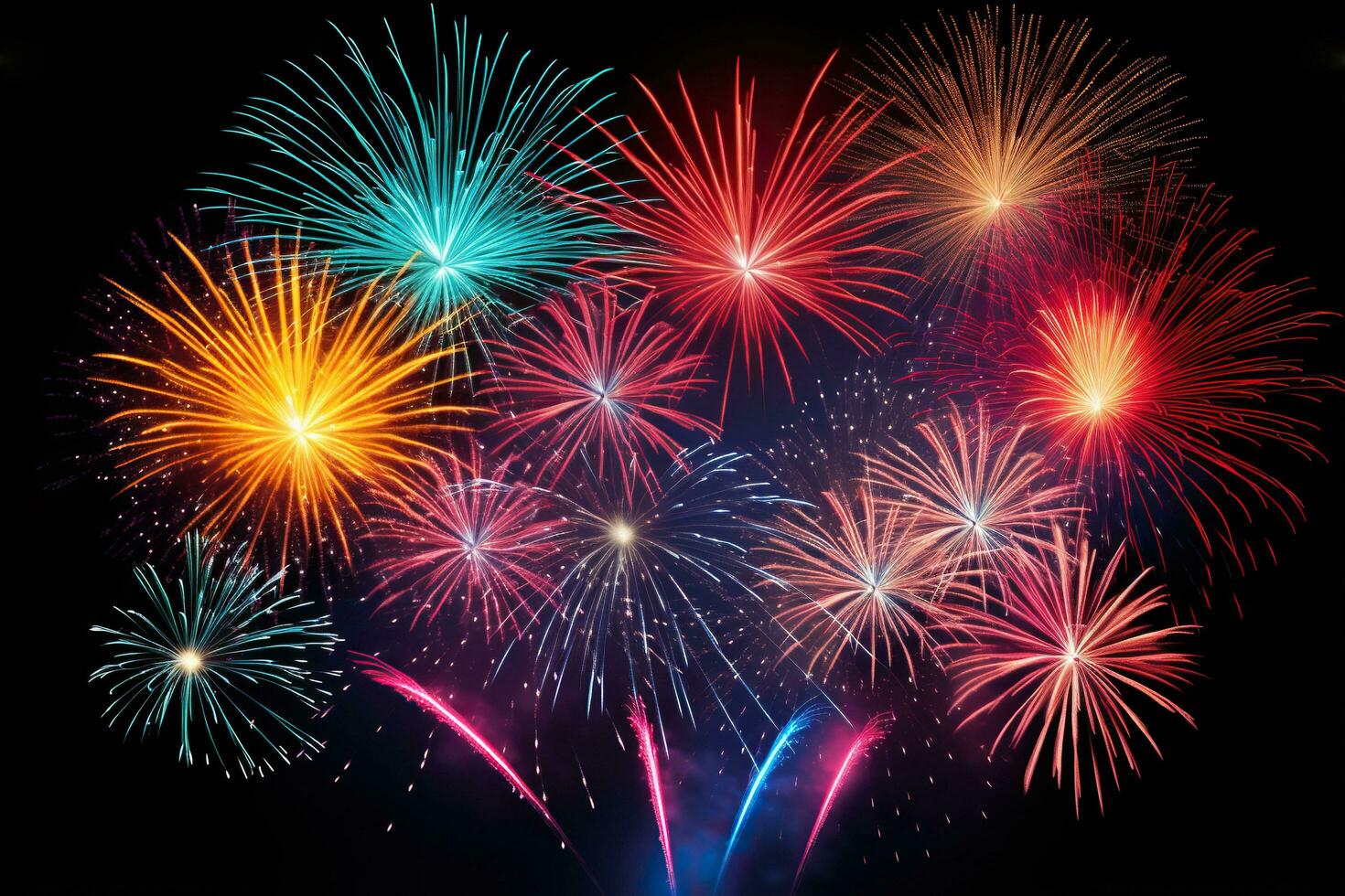 Colorful fireworks of various colors on black background. Abstract background.AI Generated photo