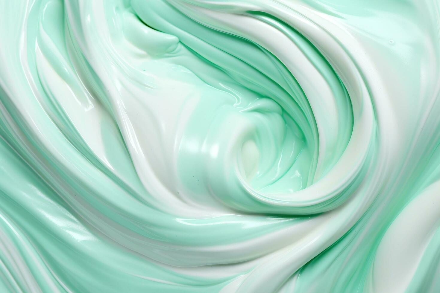 Whipped cream texture. Background of white and green swirls in a liquid form.AI Generated photo