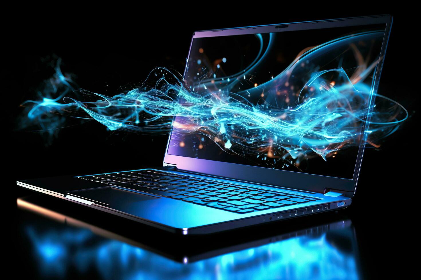 Laptop with blue smoke on a black background. AI Generated. photo