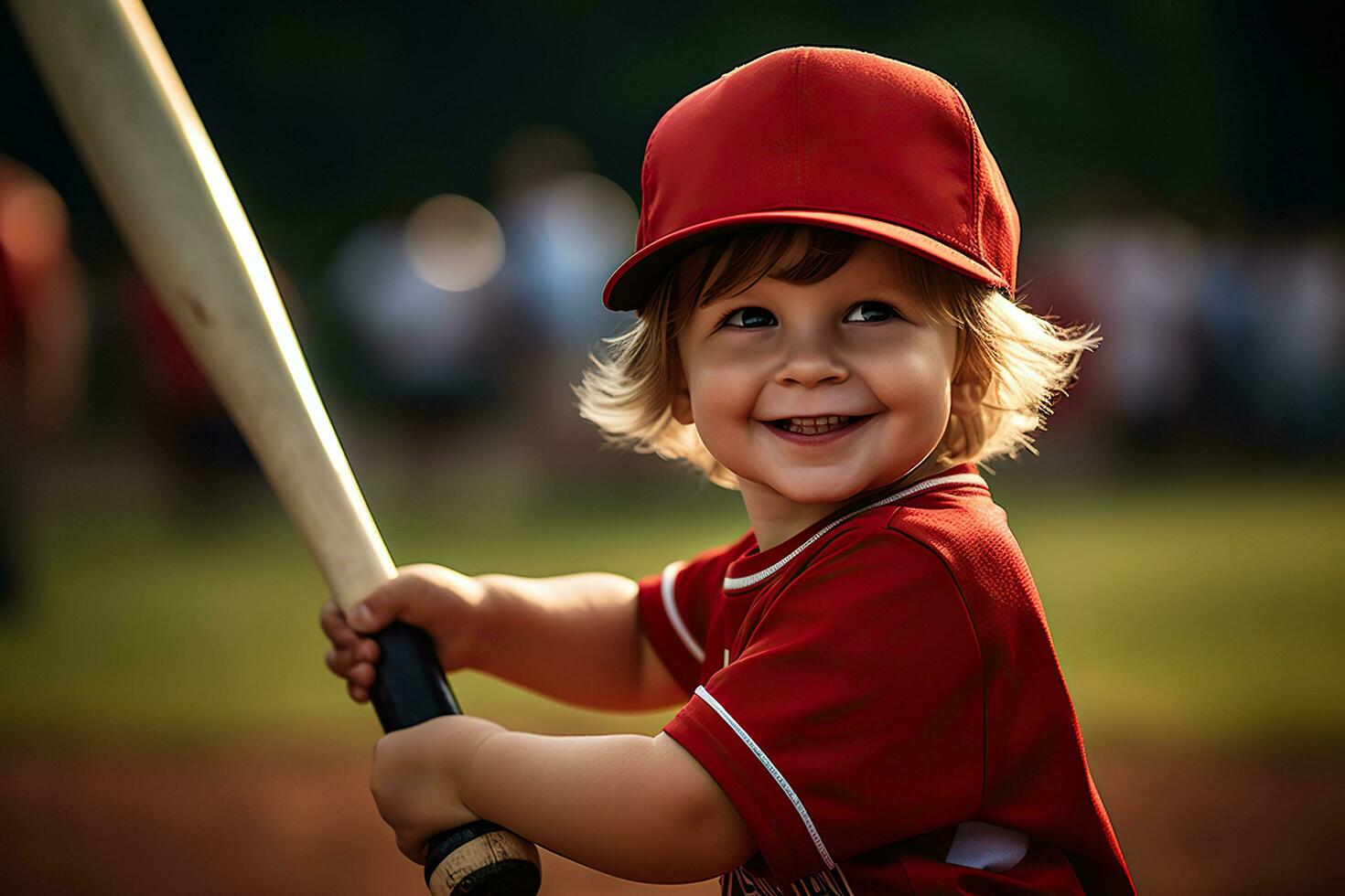 un linda pequeño chico es jugando béisbol en el béisbol campo.ai generado foto