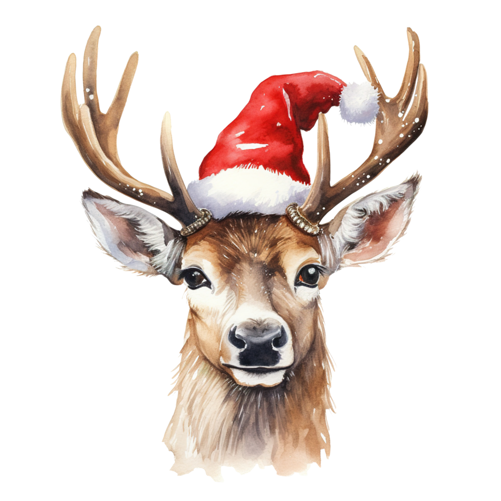 Reindeer Wearing Santa Hat For Christmas Event. Watercolor Style. AI Generated png