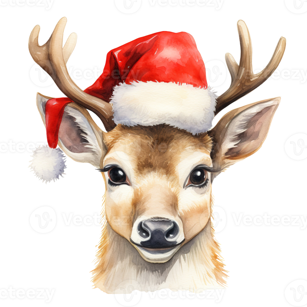 Reindeer Wearing Santa Hat For Christmas Event. Watercolor Style. AI Generated png