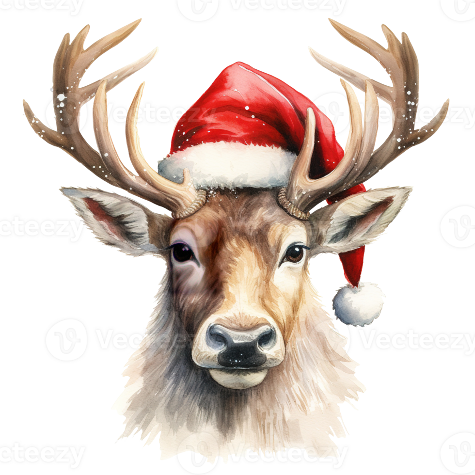 Reindeer Wearing Santa Hat For Christmas Event. Watercolor Style. AI Generated png
