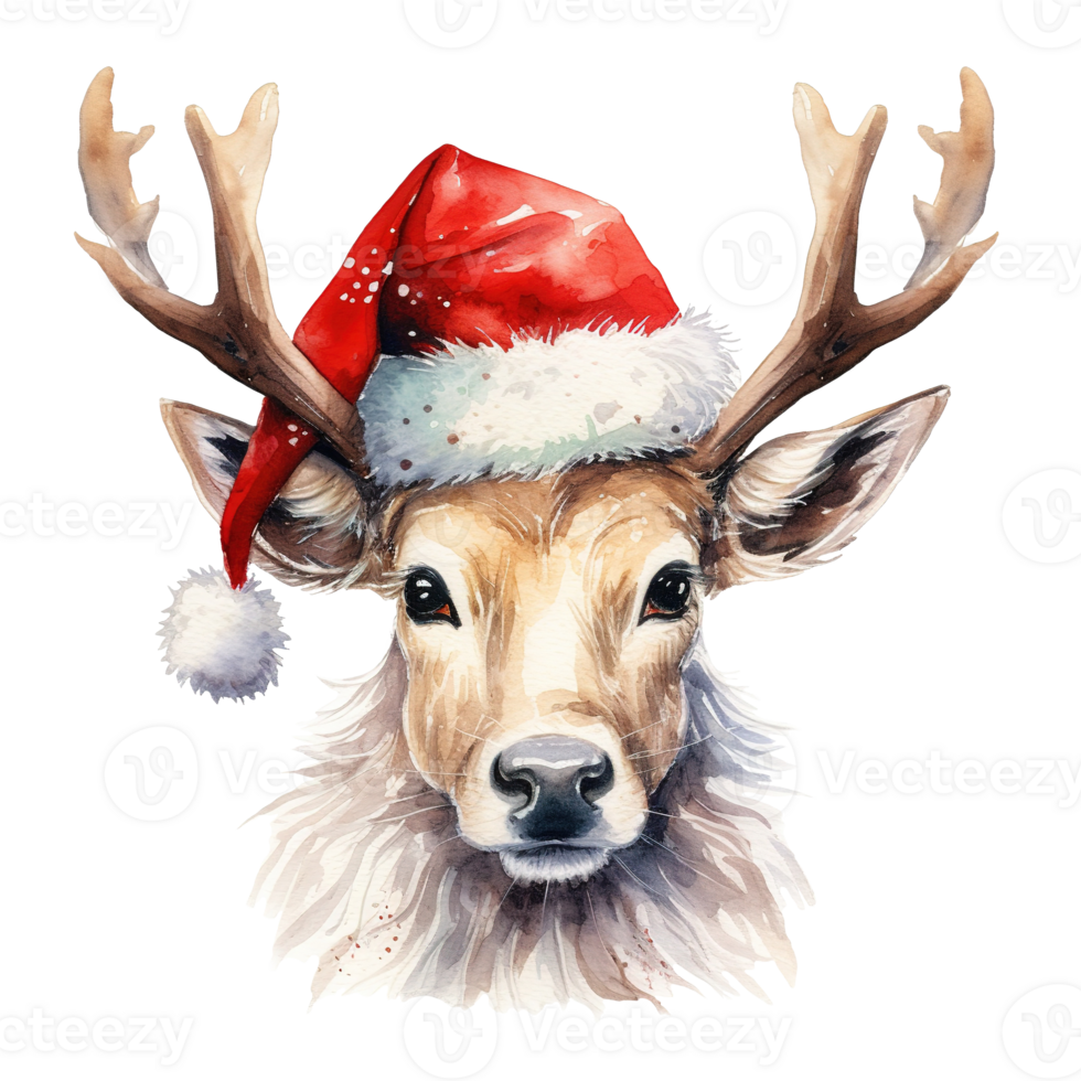 Reindeer Wearing Santa Hat For Christmas Event. Watercolor Style. AI Generated png