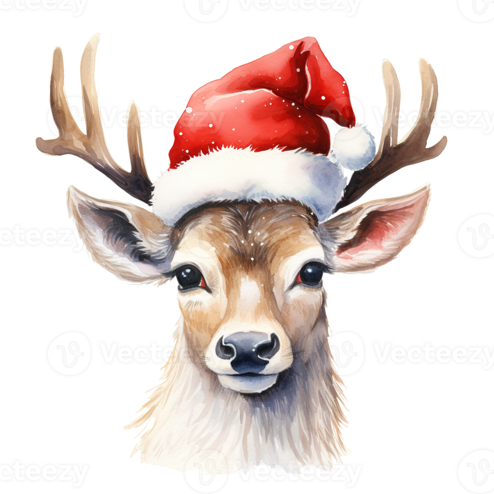 Reindeer Wearing Santa Hat For Christmas Event. Watercolor Style. AI Generated png
