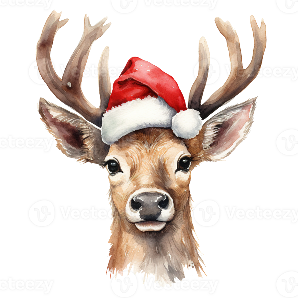 Reindeer Wearing Santa Hat For Christmas Event. Watercolor Style. AI Generated png