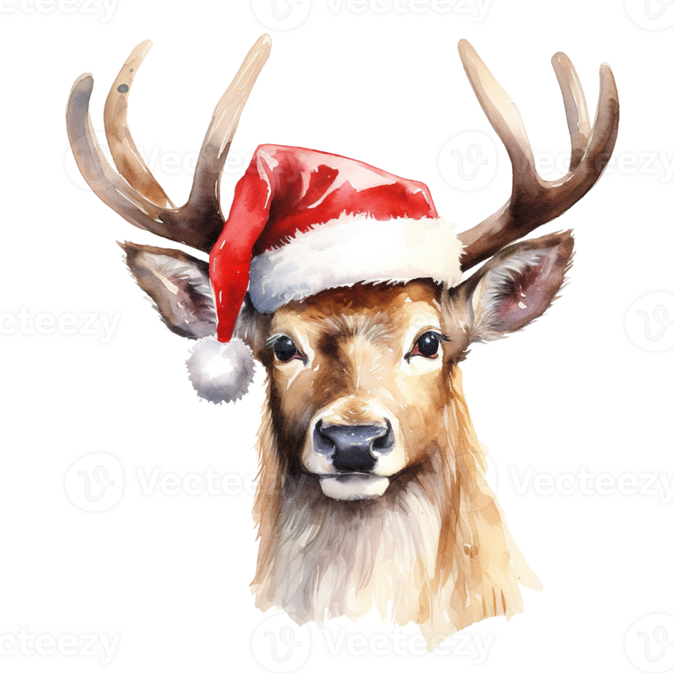 Reindeer Wearing Santa Hat For Christmas Event. Watercolor Style. AI Generated png