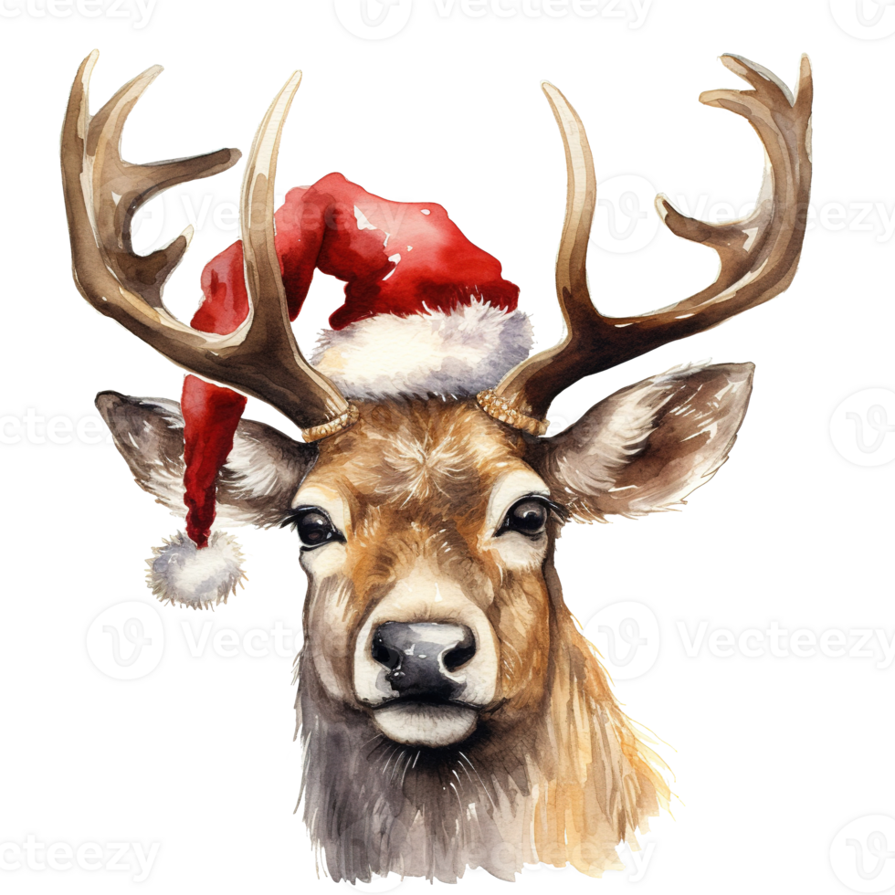 Reindeer Wearing Santa Hat For Christmas Event. Watercolor Style. AI Generated png