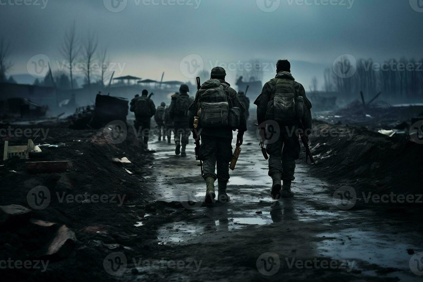 Soldiers walk through the ruins of a city caused by war AI Generative photo