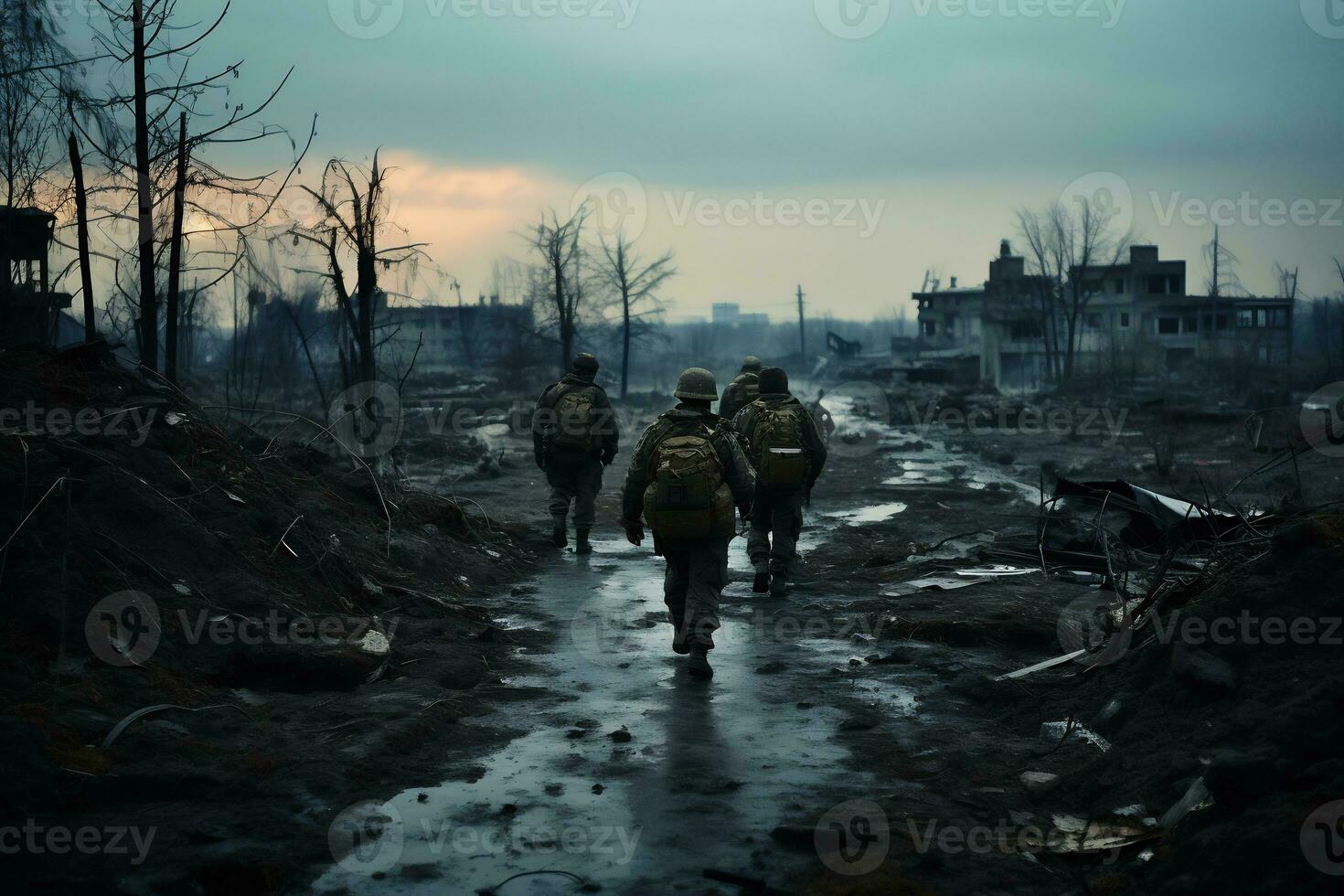 Soldiers walk through the ruins of a city caused by war AI Generative photo