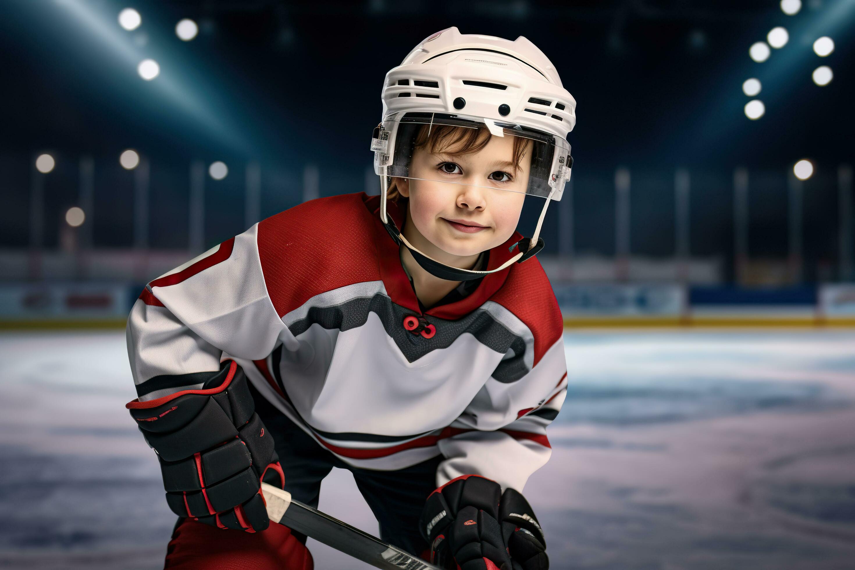 Portrait of a boy dressed as a hockey player on ice rink.AI Generated