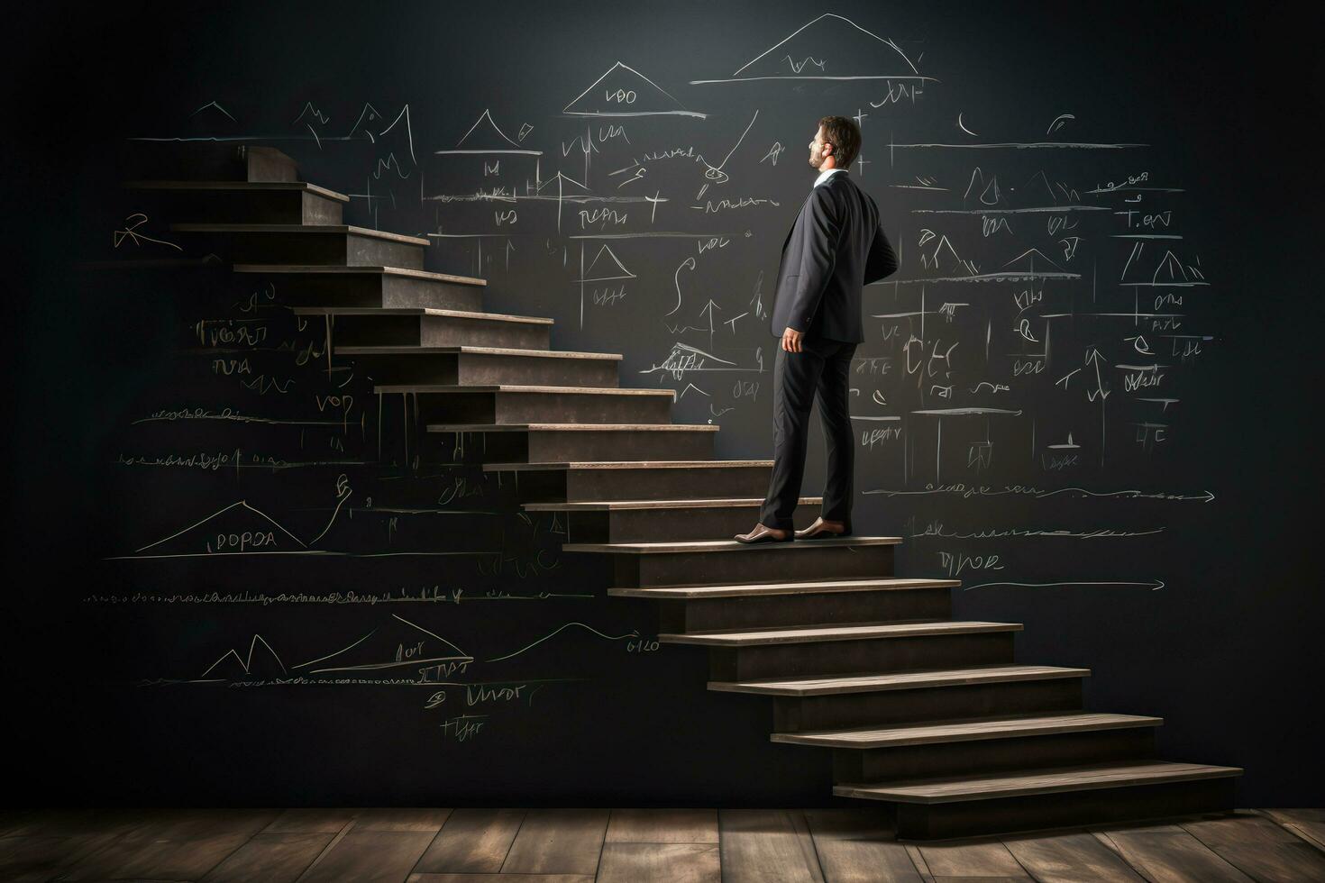 Businessman standing on stairs leading to a blackboard with business sketches.AI Generated photo