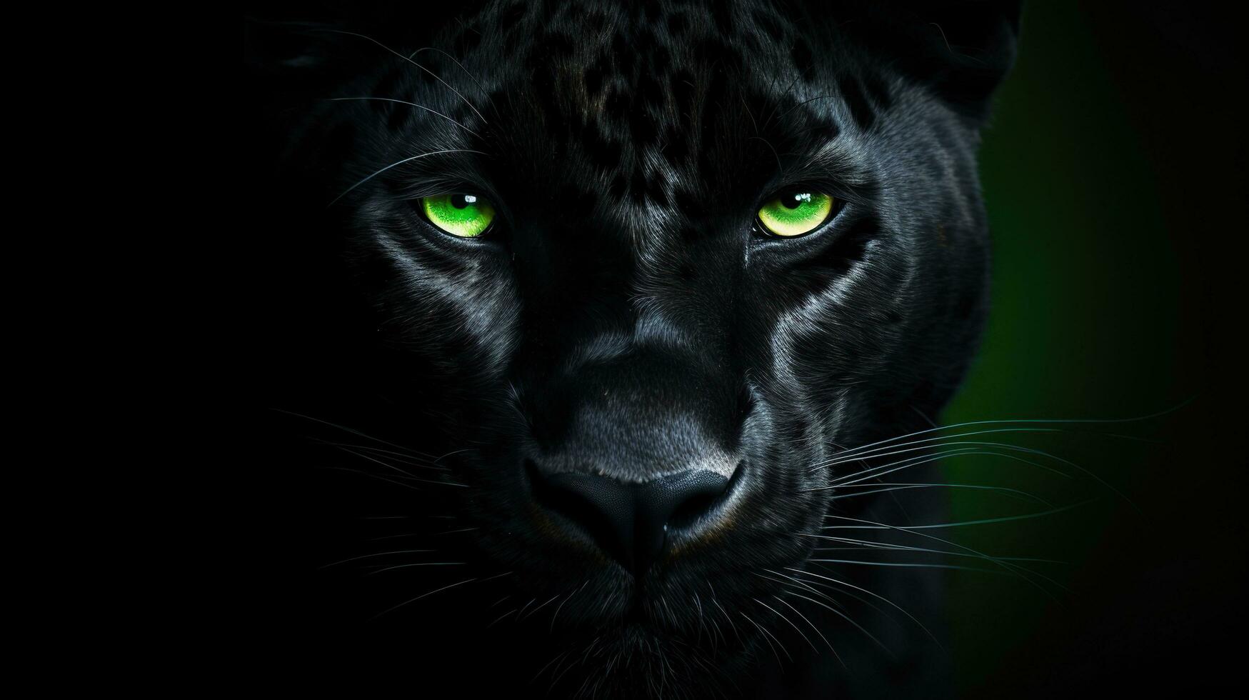 Close up of a leopard face with green eyes on a black background.AI Generated photo