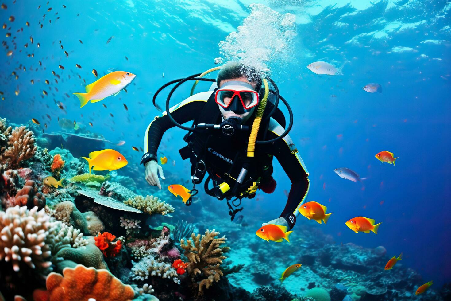 Scuba diver swimming underwater with colorful tropical fish and corals.AI Generated photo