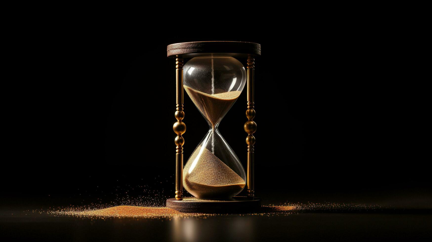 Hourglass with sand on black background. Concept of time passing.AI Generated photo