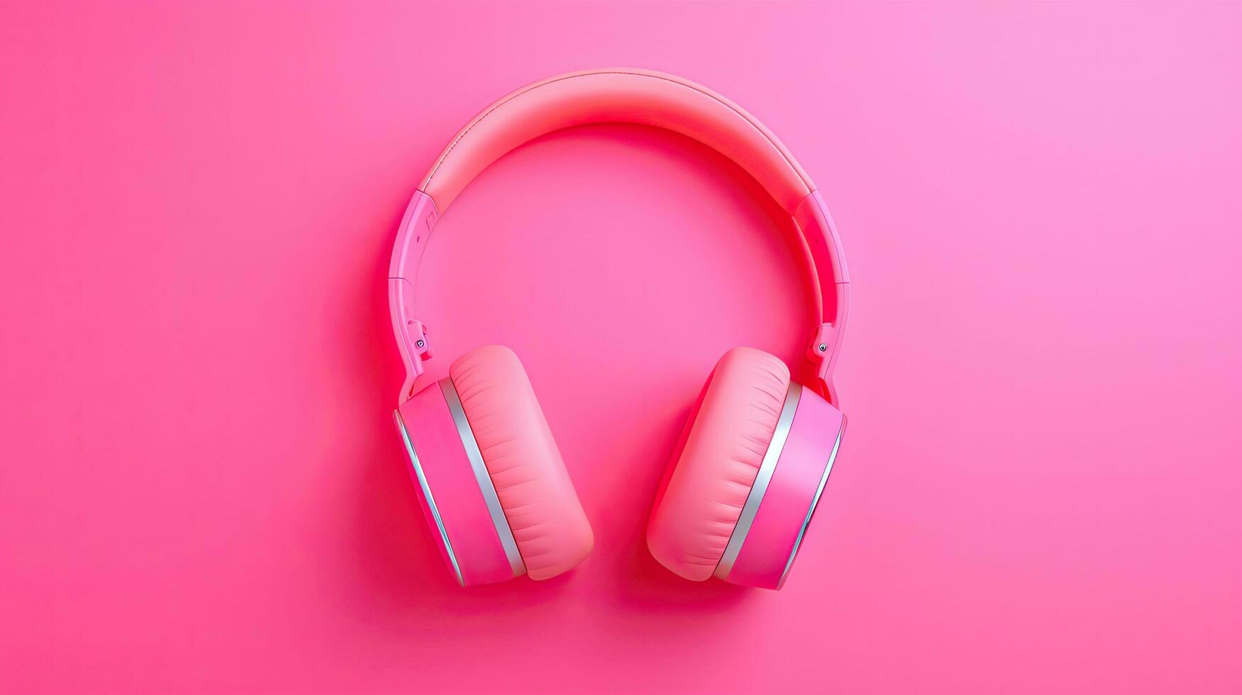 Pink headphones on pink background. Flat lay, top view, copy space.AI Generated photo