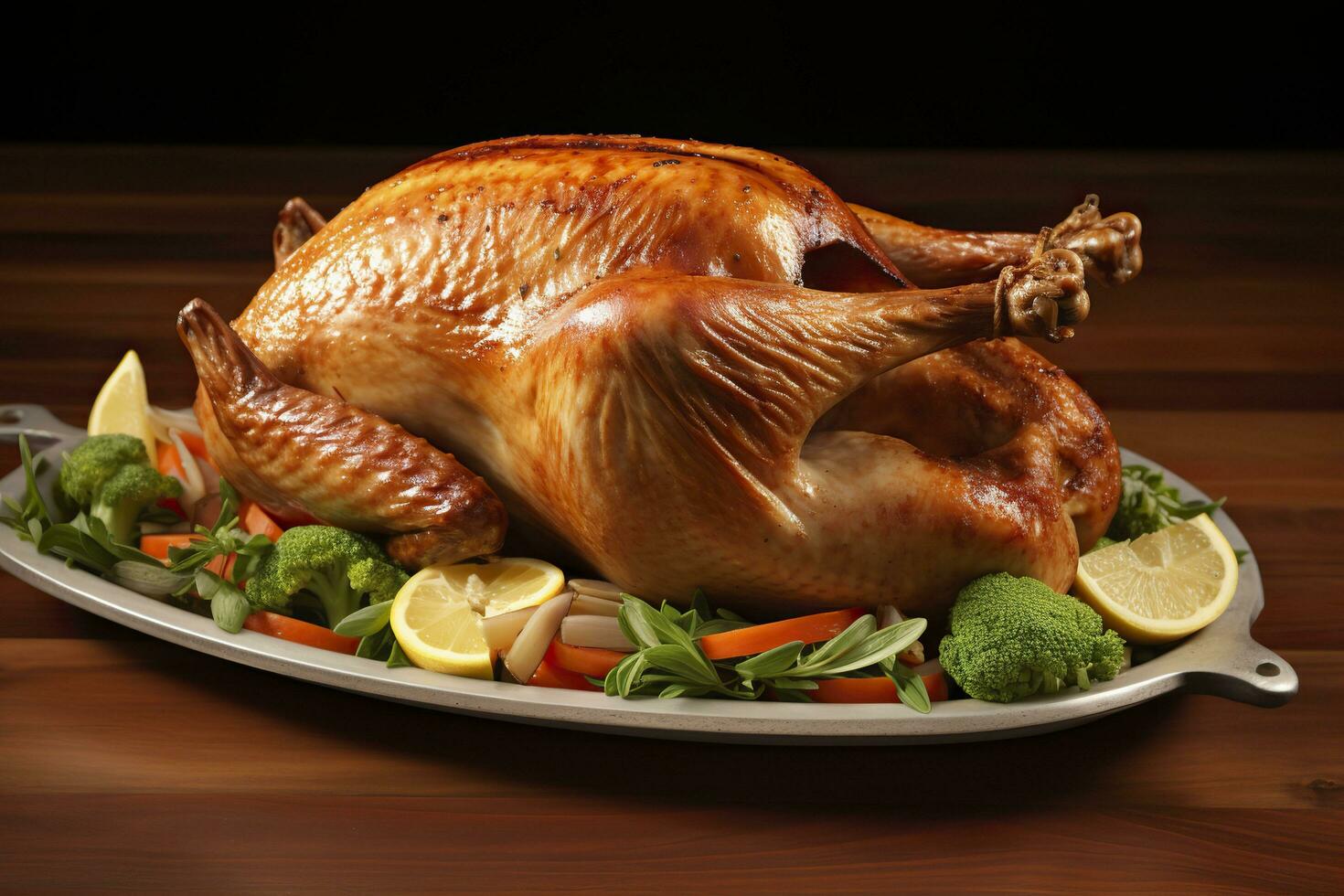 Baked turkey on wooden background.AI Generated photo