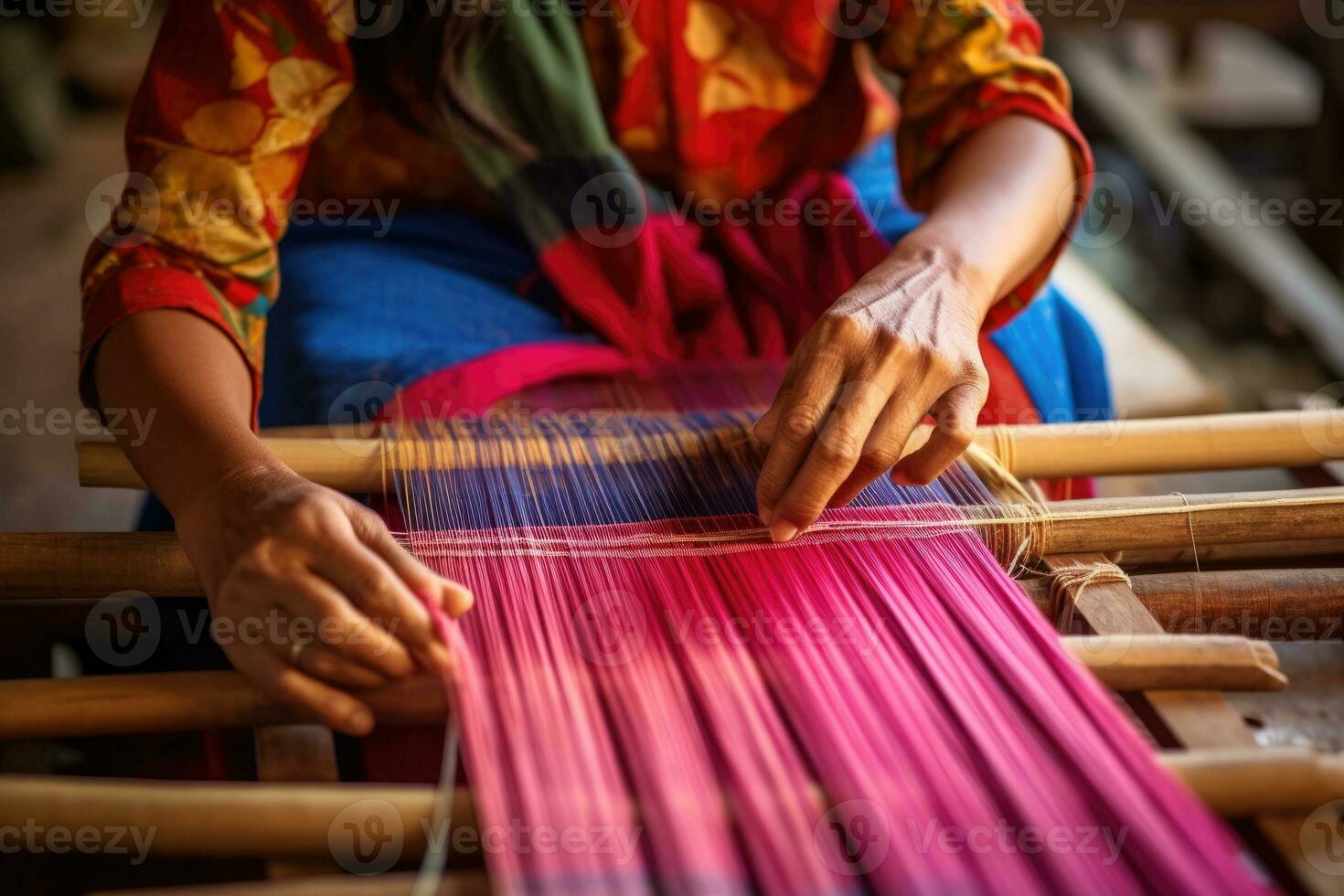 Master weaver is weaving fabric . AI Generated photo