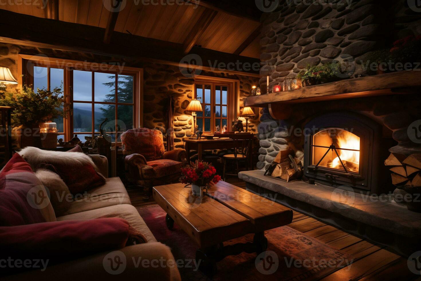 a cozy rustic home interior with fireplace AI Generative photo