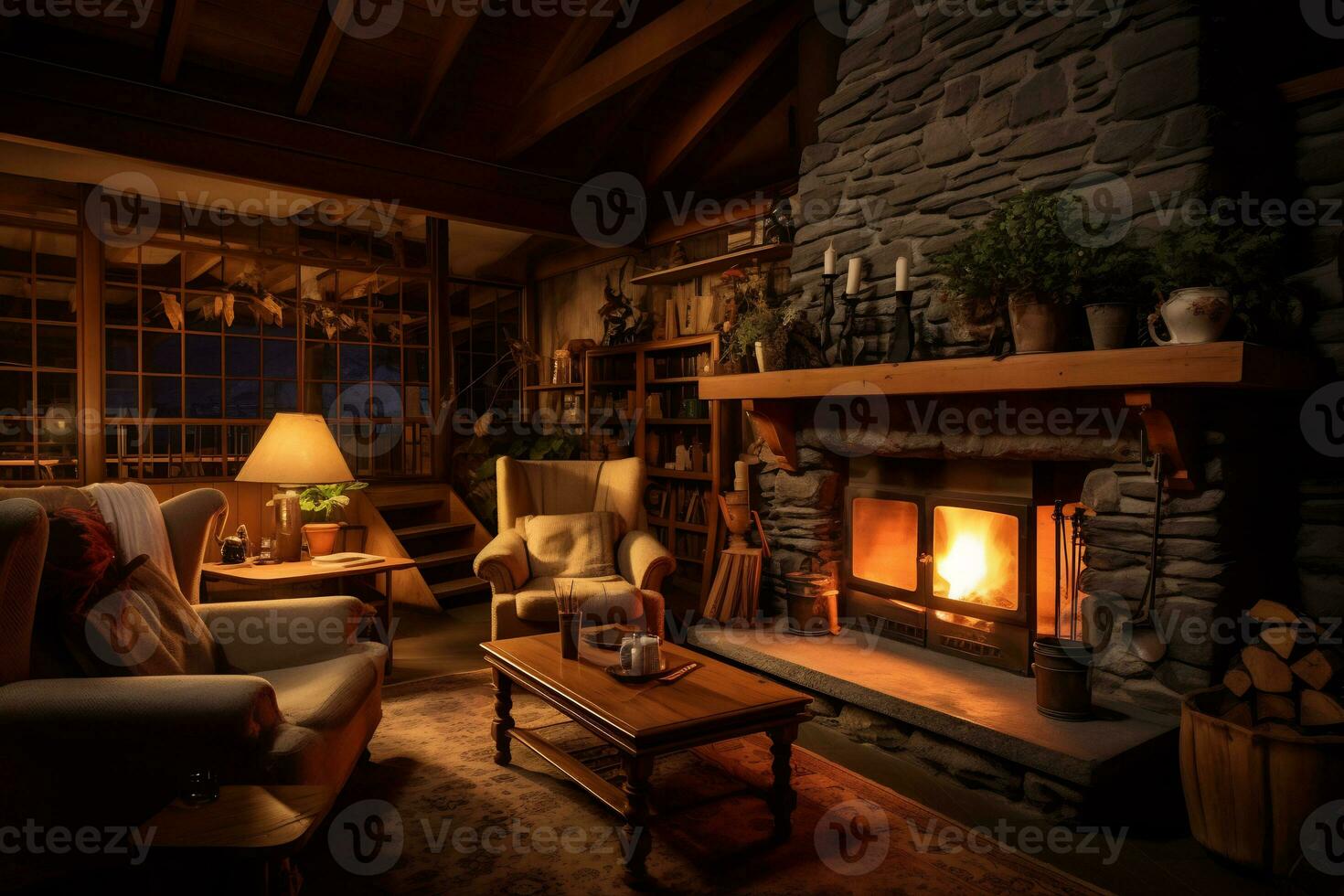 a cozy rustic home interior with fireplace AI Generative photo