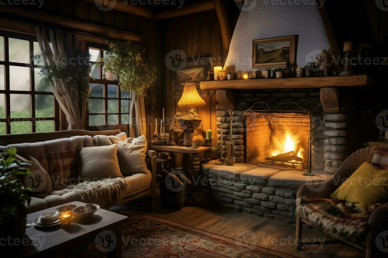 a cozy rustic home interior with fireplace AI Generative photo