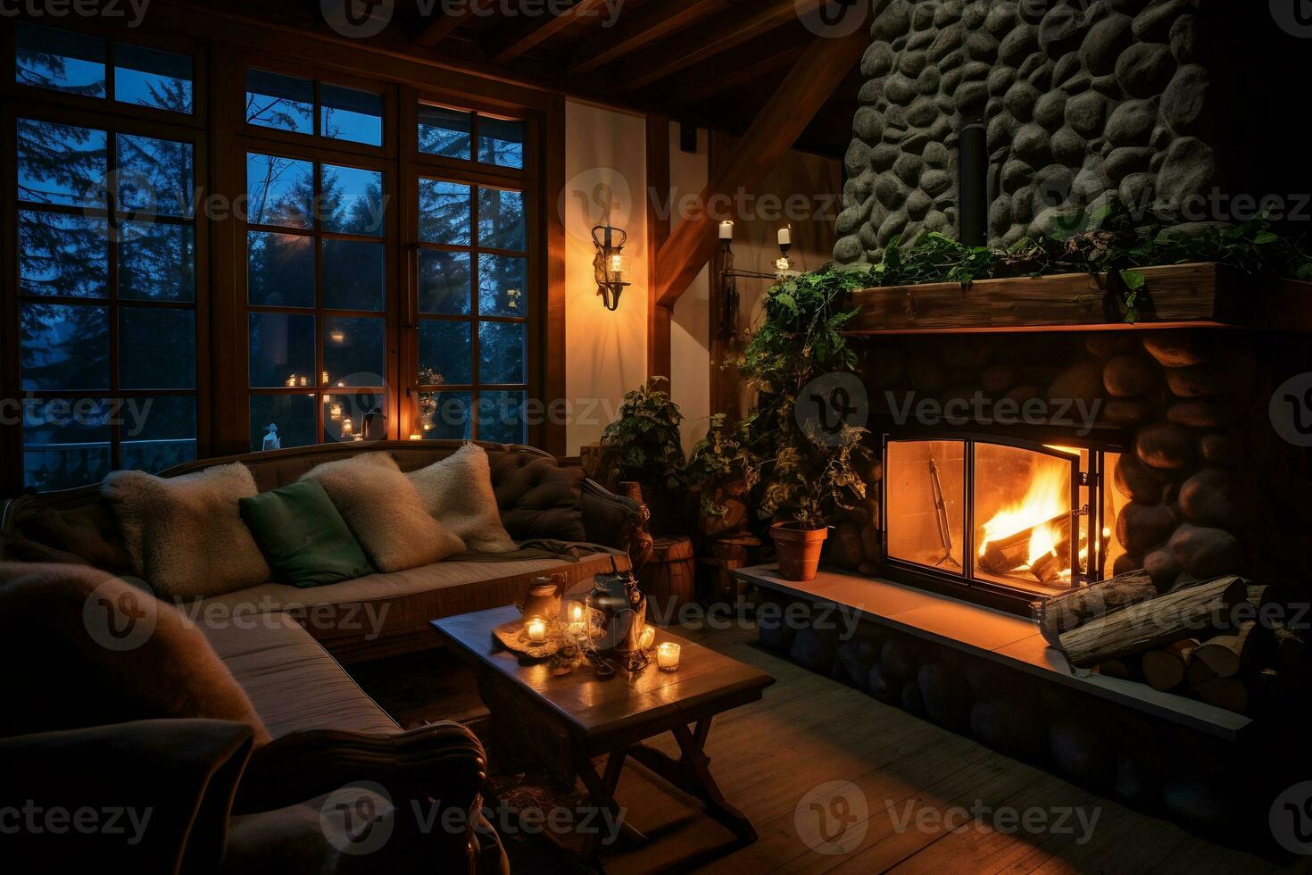 a cozy rustic home interior with fireplace AI Generative photo