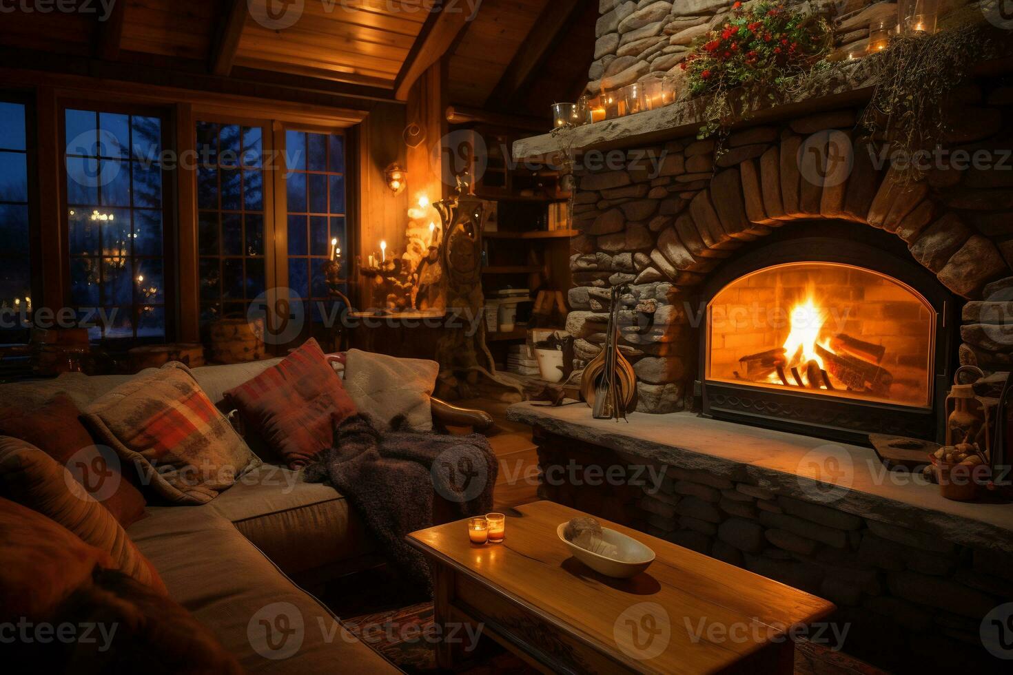 a cozy rustic home interior with fireplace AI Generative photo